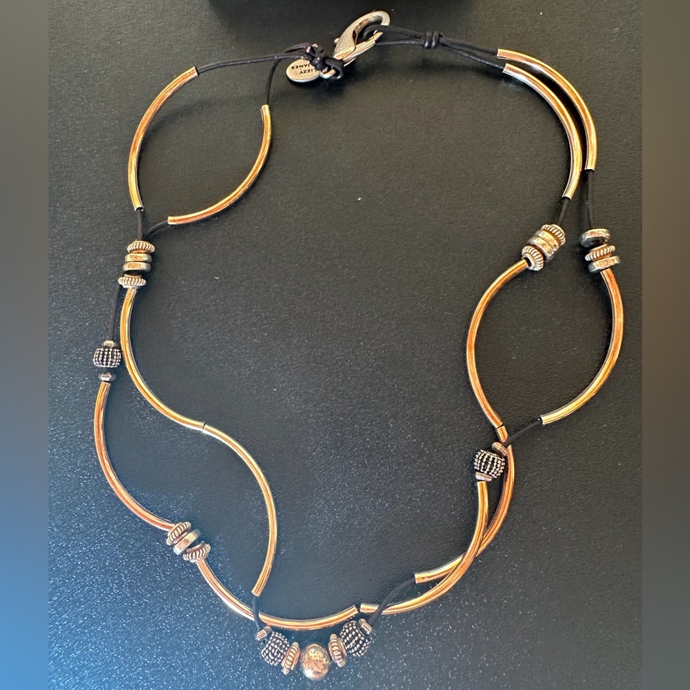 Lizzy James Black Leather Multi Wrap Necklace/Bracelet Gold Mixed Metal